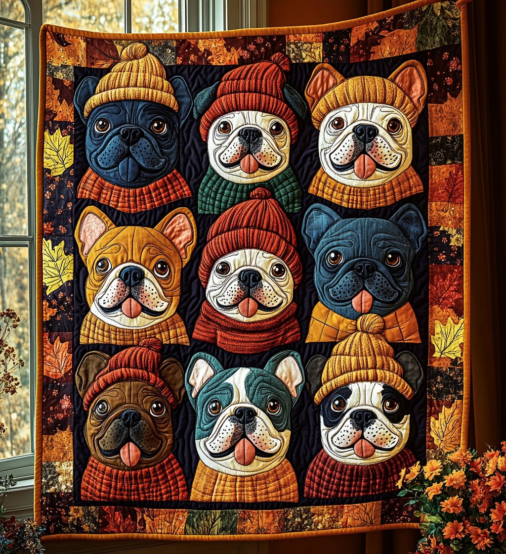 Autumn Bulldog Quilted Blanket printed blanket