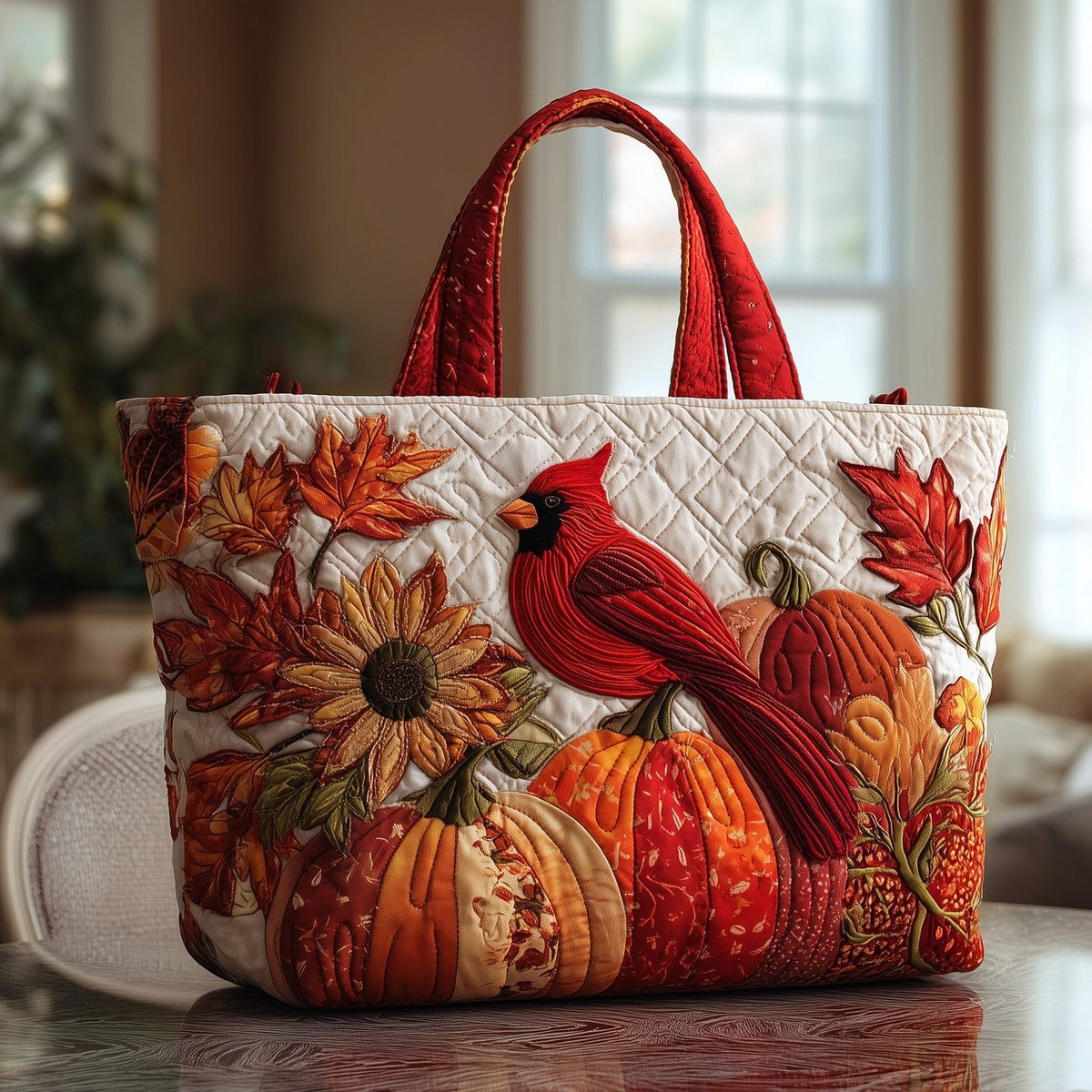 Autumn Cardinal Quilted Tote Bag printed tote bag