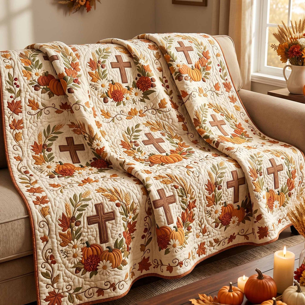 Autumn Cross Pumpkins Quilted Blanket printed blanket