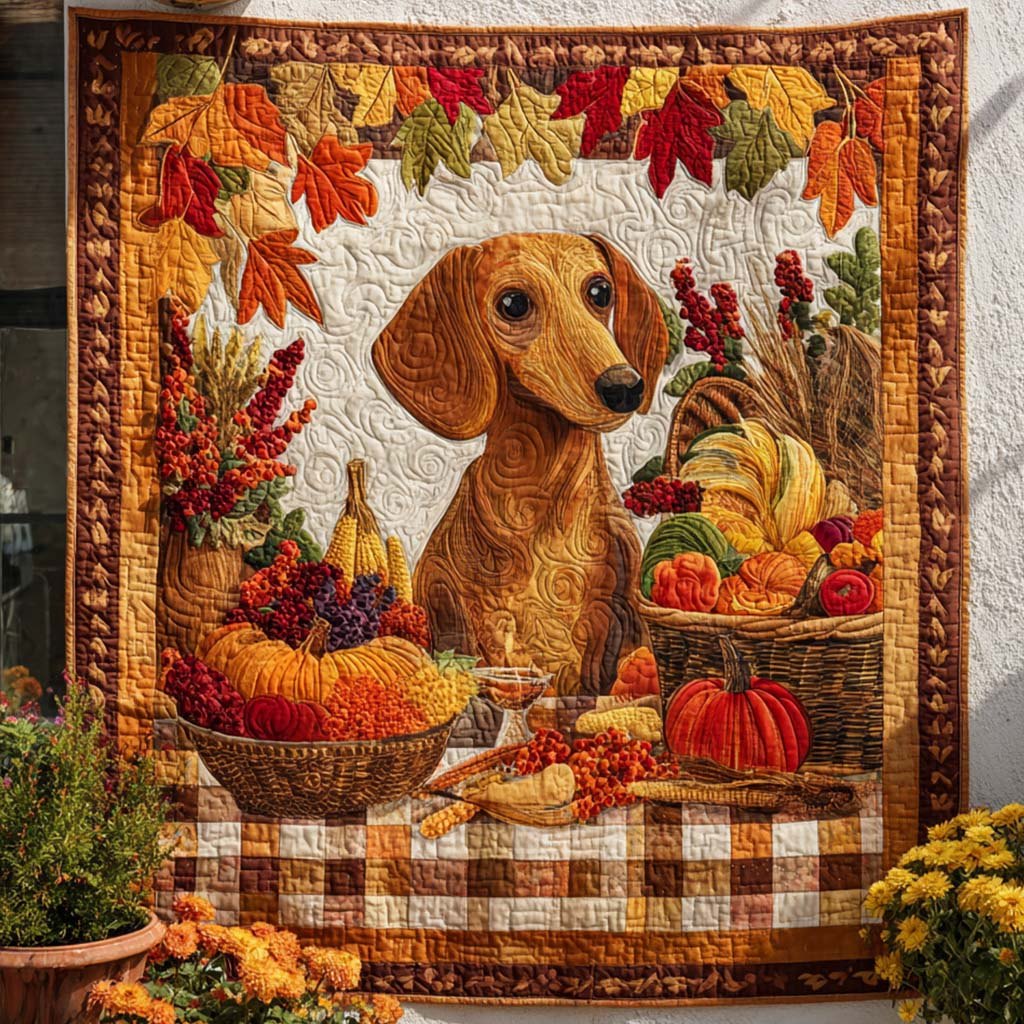 Autumn Dachshund Quilted Blanket printed blanket