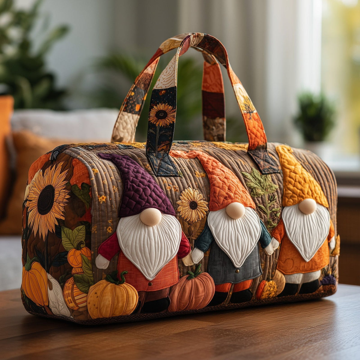 Autumn Gnome Quilted Duffle Bag printed duffle bag