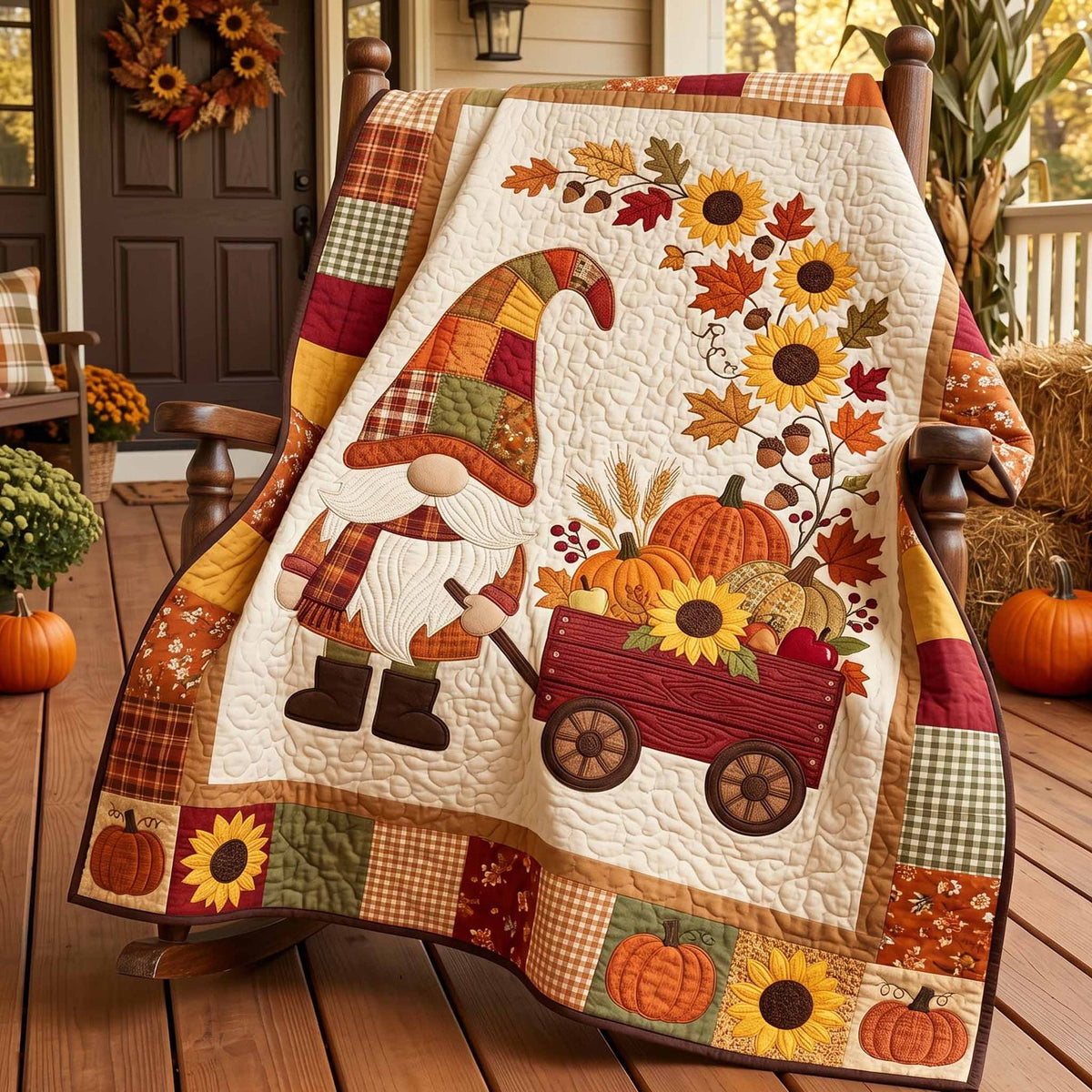 Autumn Gnome Wagon Quilted Blanket printed blanket