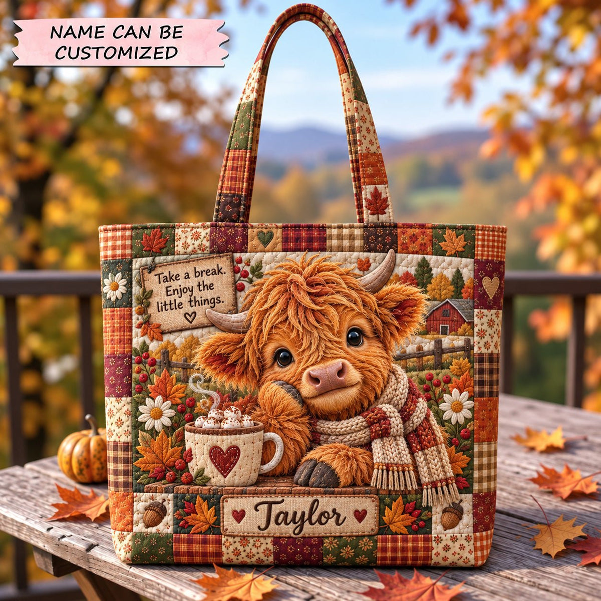 Autumn Highland Cow Quilted Tote Bag QTCUZ printed tote bag