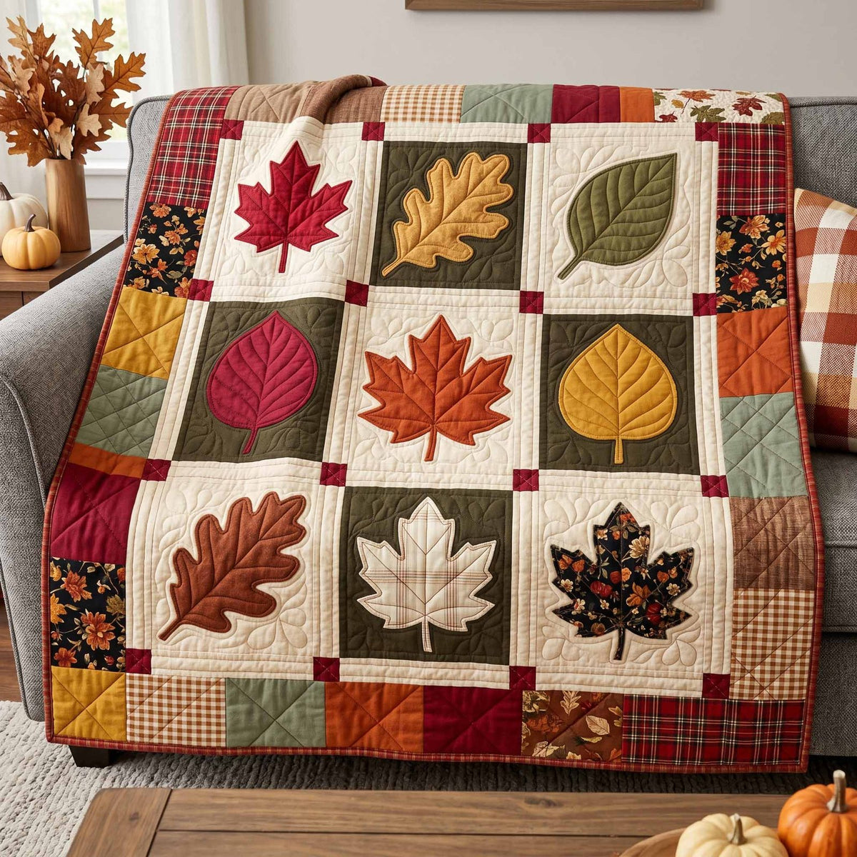 Autumn Leaf Blocks Quilted Blanket printed blanket
