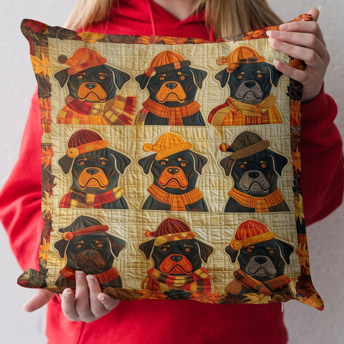 Autumn Leaves n Rottweiler Love Quilted Cushion Cover printed cushion cover