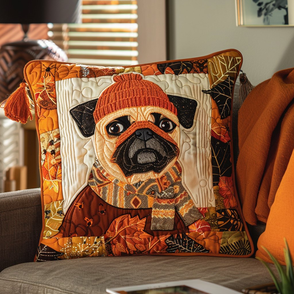 Autumn Pug Quilted Cushion Cover printed cushion cover