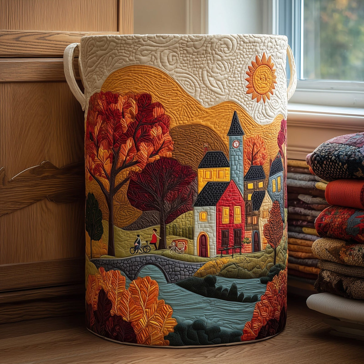 Autumn Town Quilted Laundry Hamper printed laundry hamper