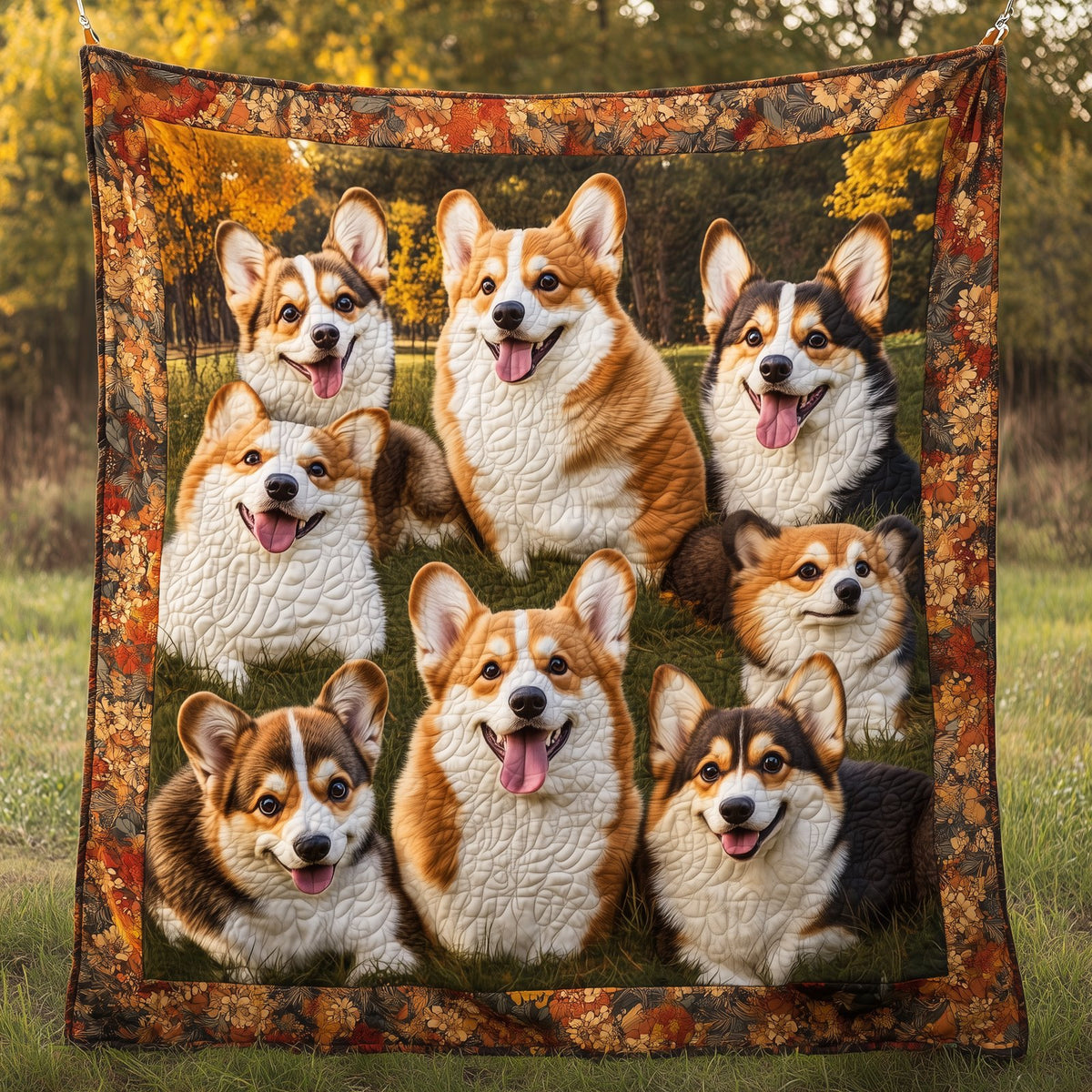 Autumn Vibe Corgi Quilted Blanket printed blanket