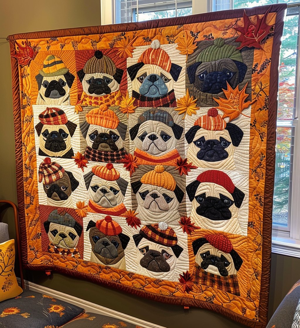 Autumn Vibe Pugs Quilted Blanket printed blanket