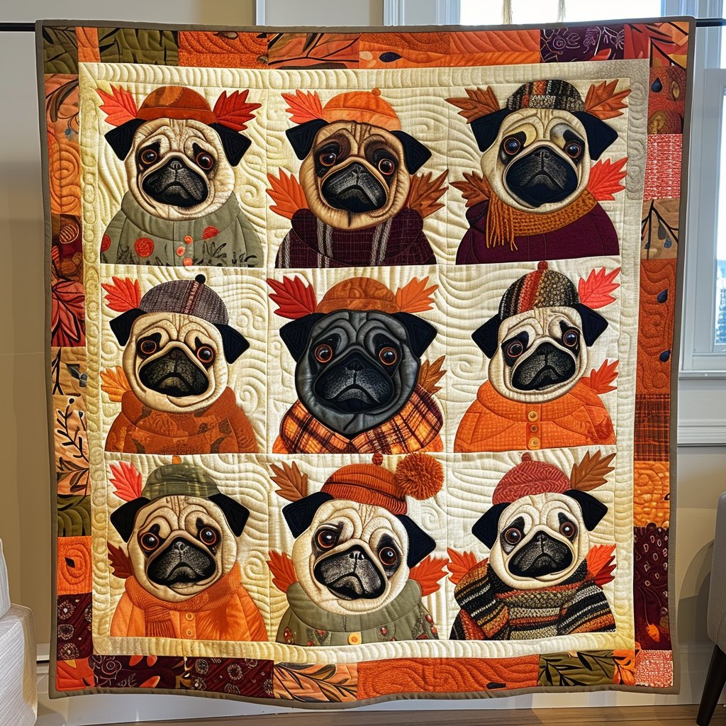 Autumn Vibe Pugs Quilted Blanket printed blanket