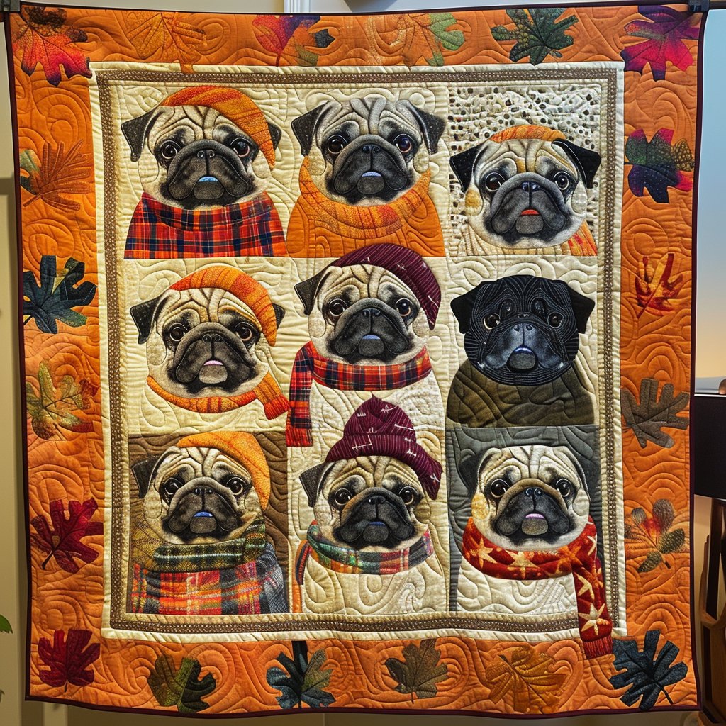 Autumn Vibe Pugs Quilted Blanket printed blanket