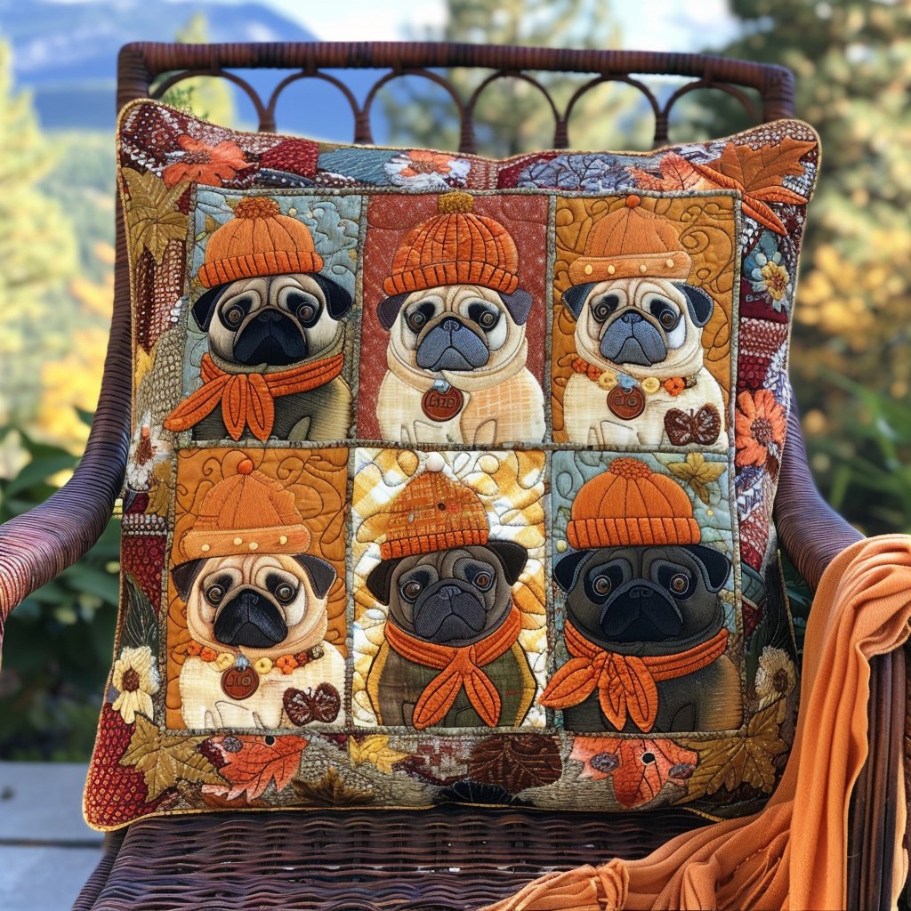 Autumn Vibe Pugs Quilted Cushion Cover printed cushion cover
