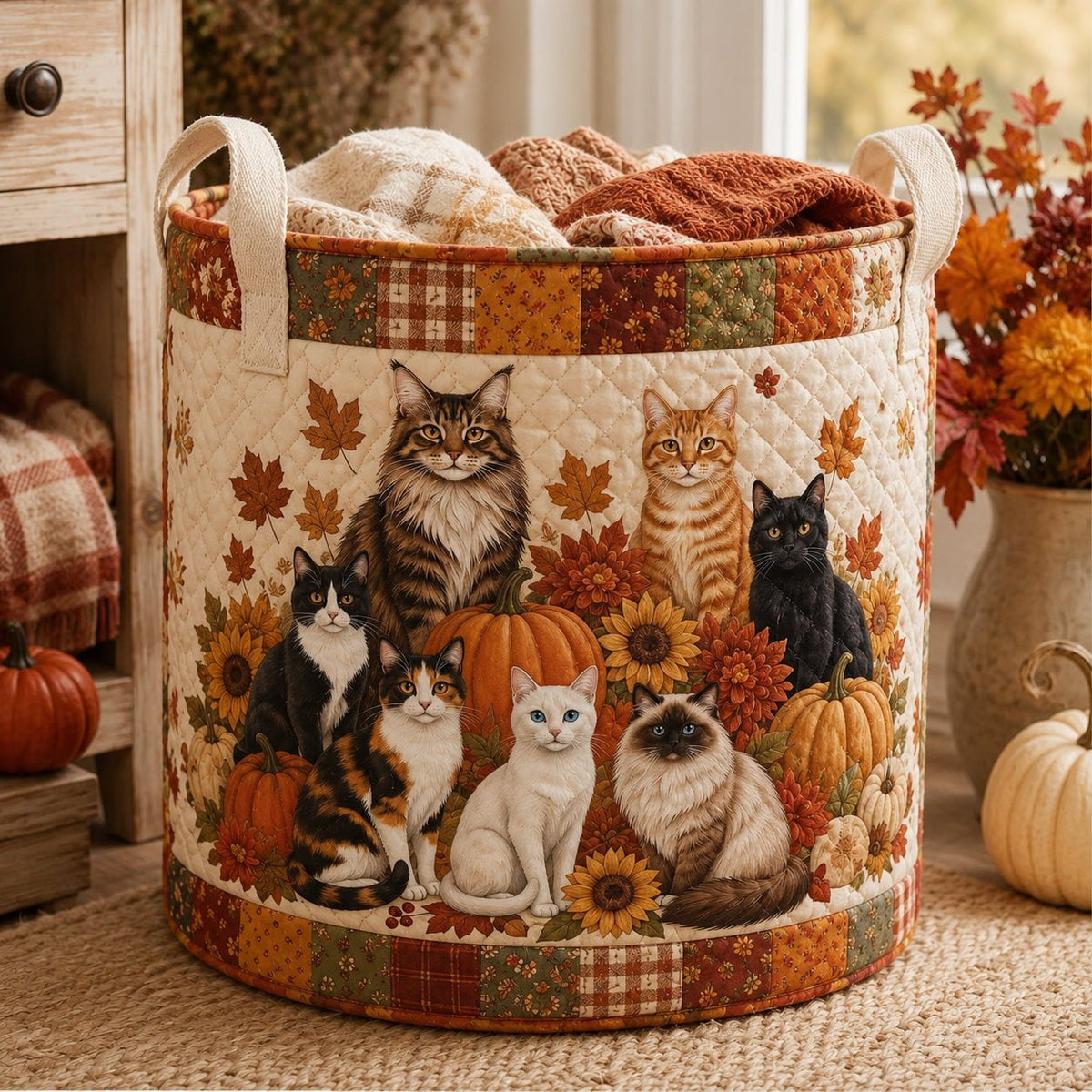 Autumn Whiskers Quilted Laundry Hamper printed laundry hamper