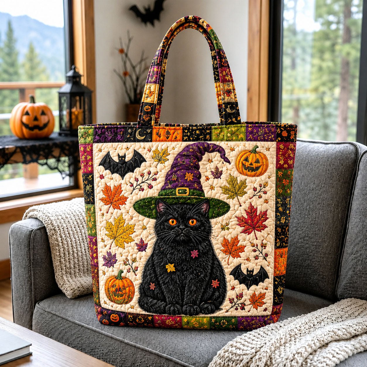 Autumn Witch Cat Quilted Tote Bag printed quilted tote bag