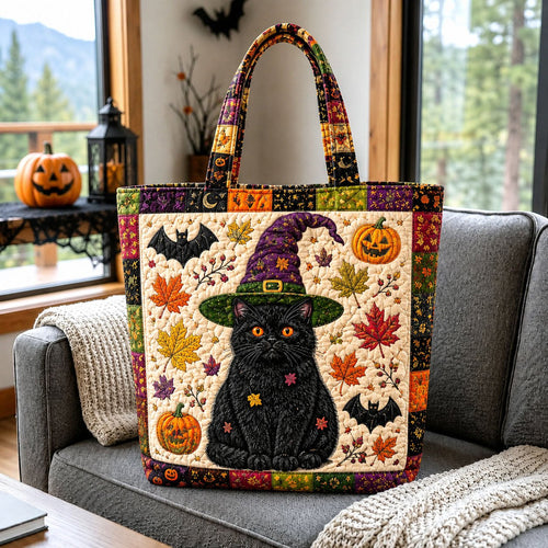 Autumn Witch Cat Quilted Tote Bag printed quilted tote bag