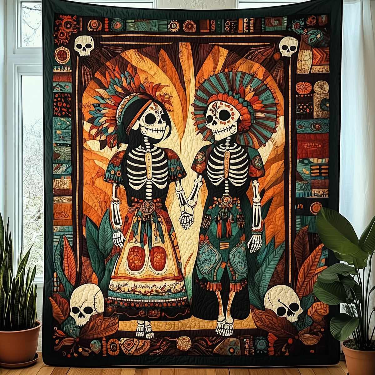 Aztec Skull Couple Quilted Blanket printed blanket