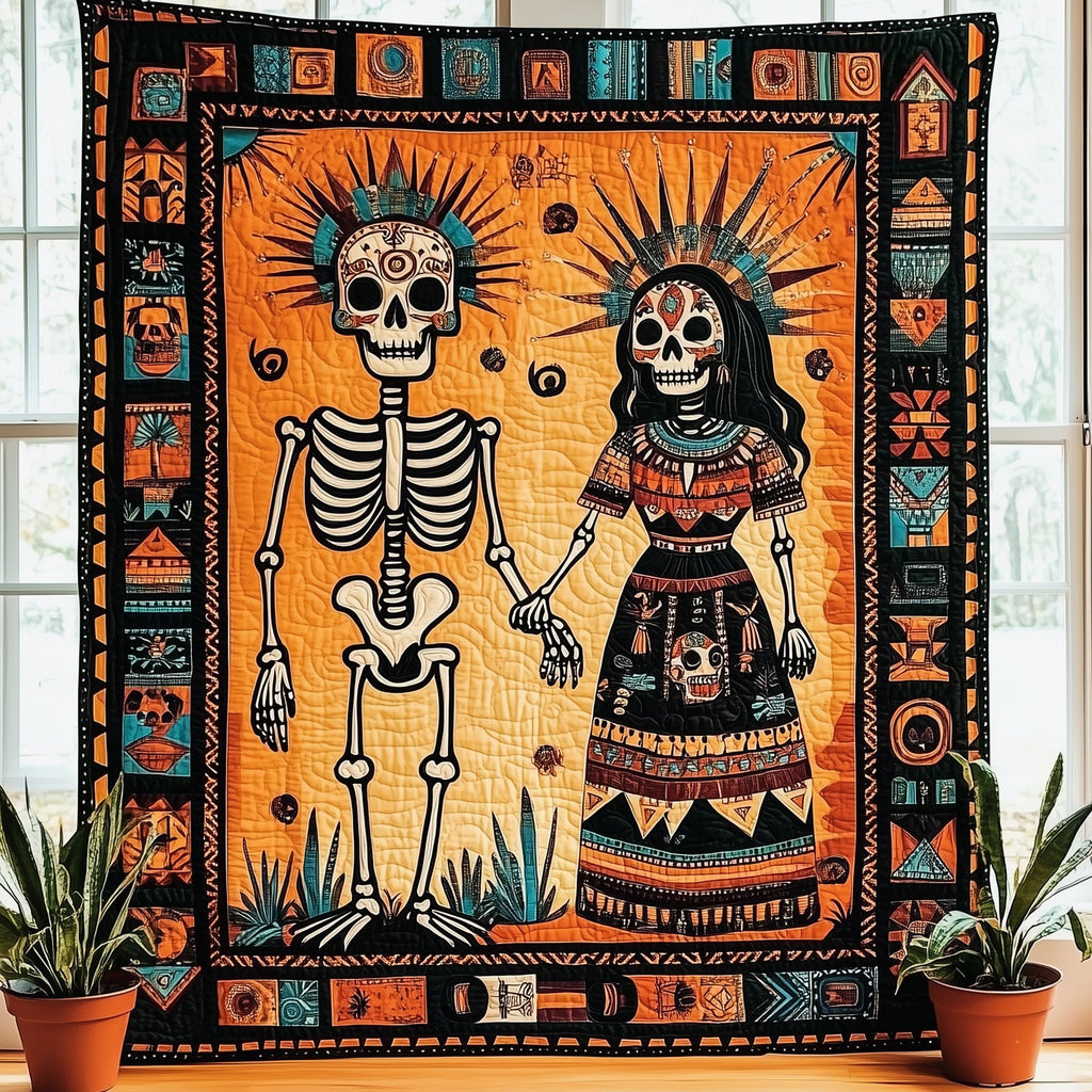 Aztec Skull Couple Quilted Blanket printed blanket