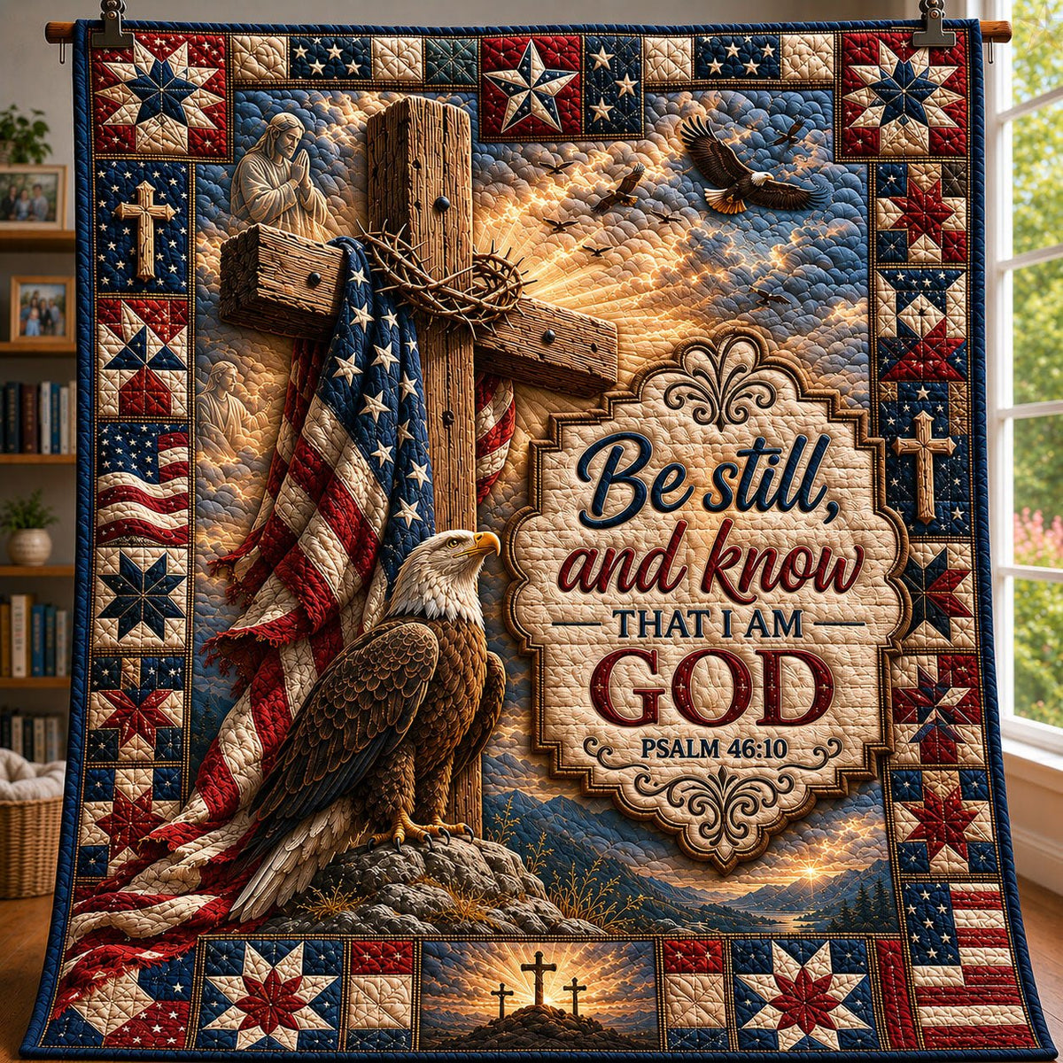 Be Still And Know God Patriotic Eagle Quilted Blanket printed blanket