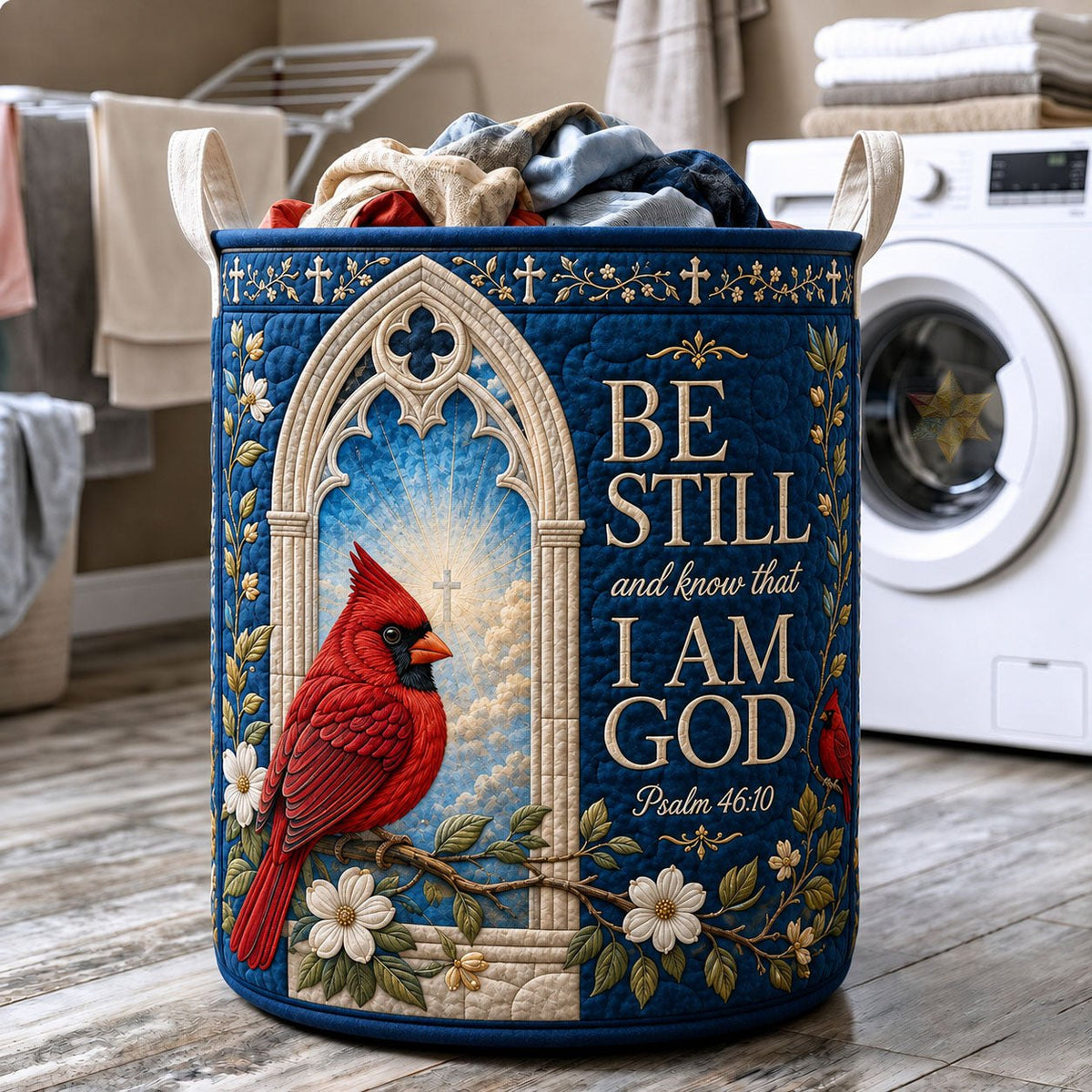 Be Still And Know Quilted Laundry Hamper printed laundry hamper