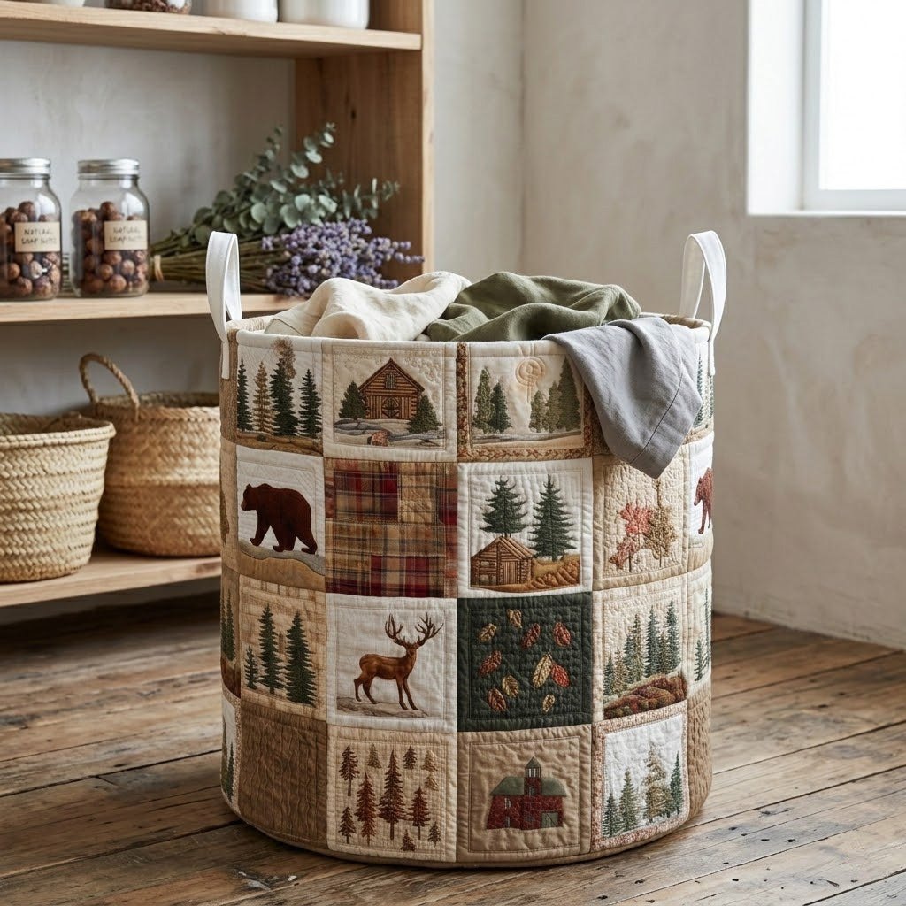 Bear and Deer Pine Patchwork printed laundry hamper