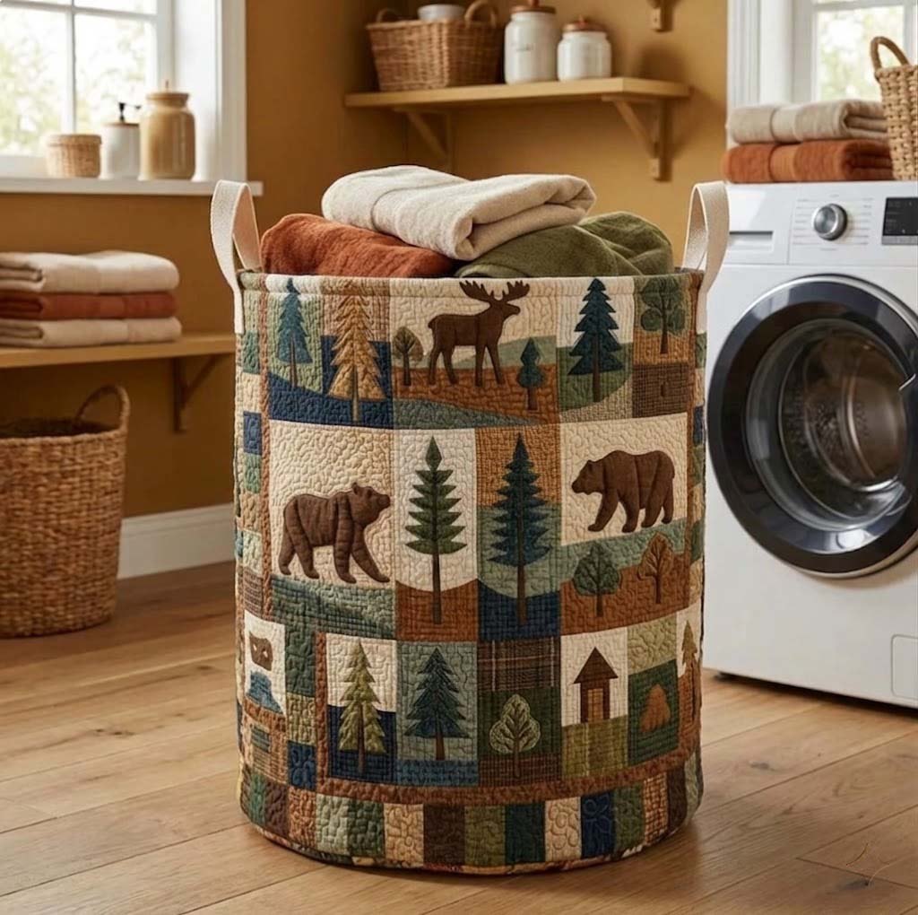 Bear and Pine Woodland Patch printed laundry hamper
