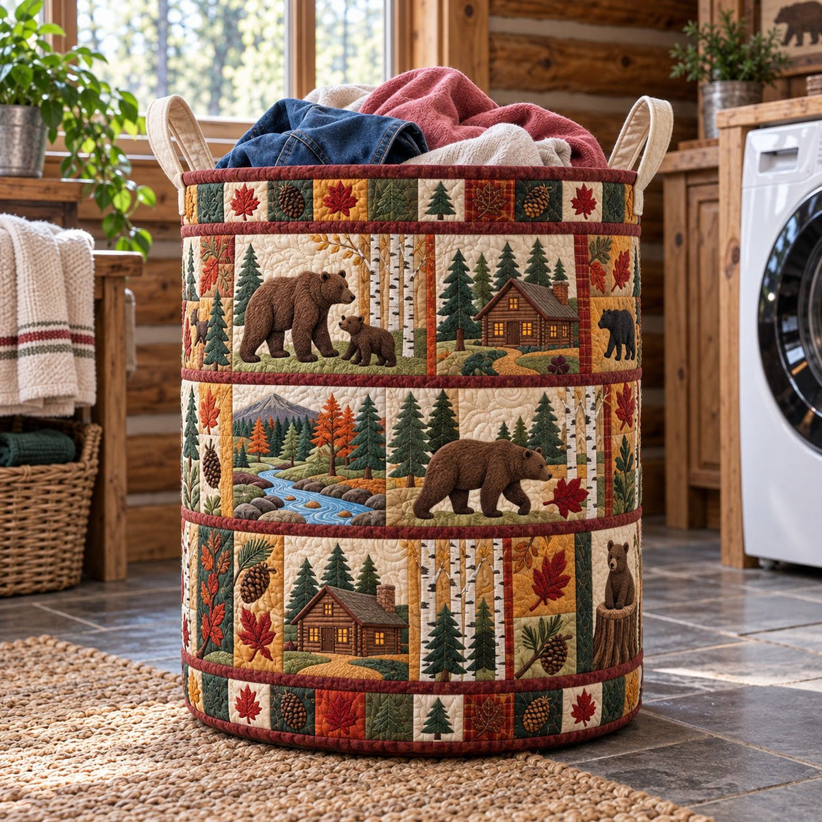 Bear Family Autumn Cabin printed laundry hamper