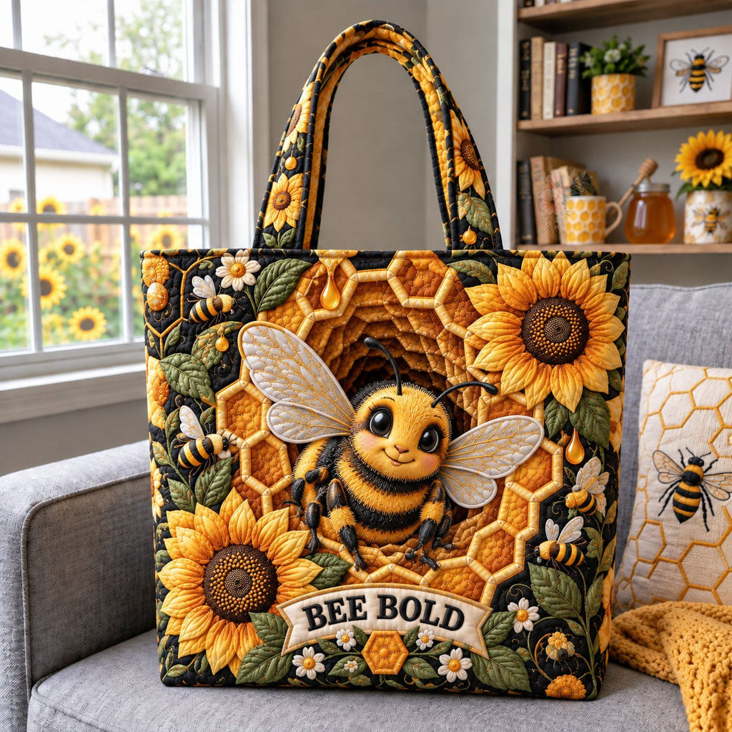 Bee Bold Sunflower Quilted Tote Bag printed tote bag
