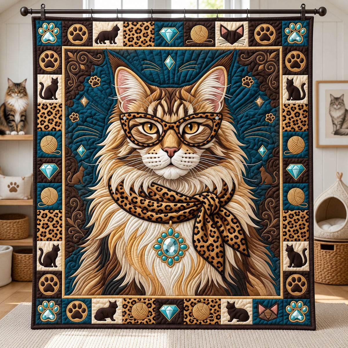 Bespectacled Leopard Scarf Cat printed blanket