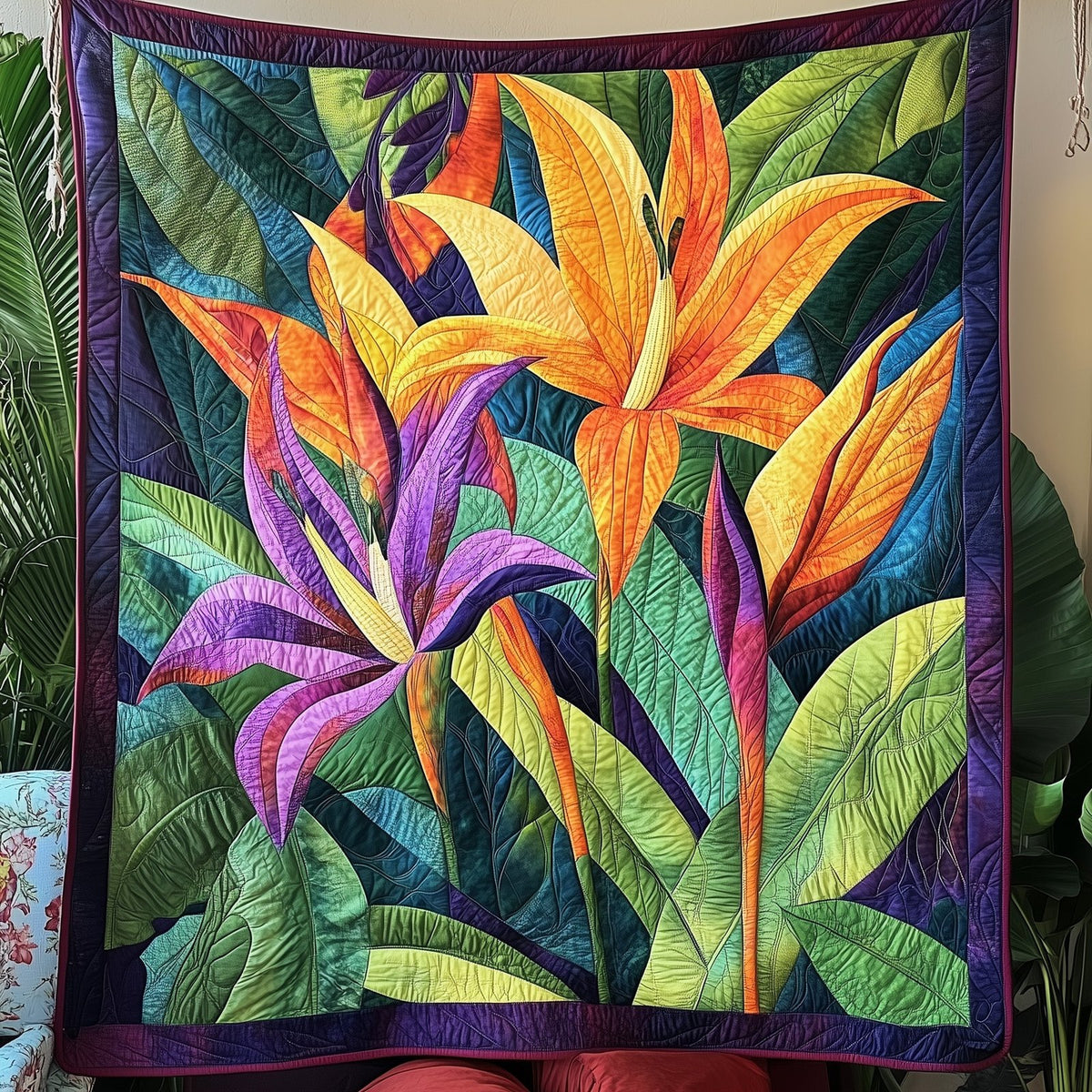 Bird Of Paradise Flower Quilted Blanket printed blanket