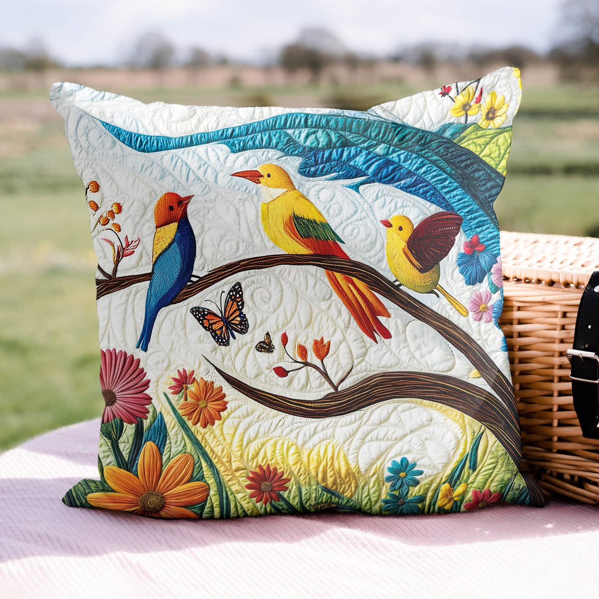 Birds Delight Quilted Cushion Cover printed cushion cover