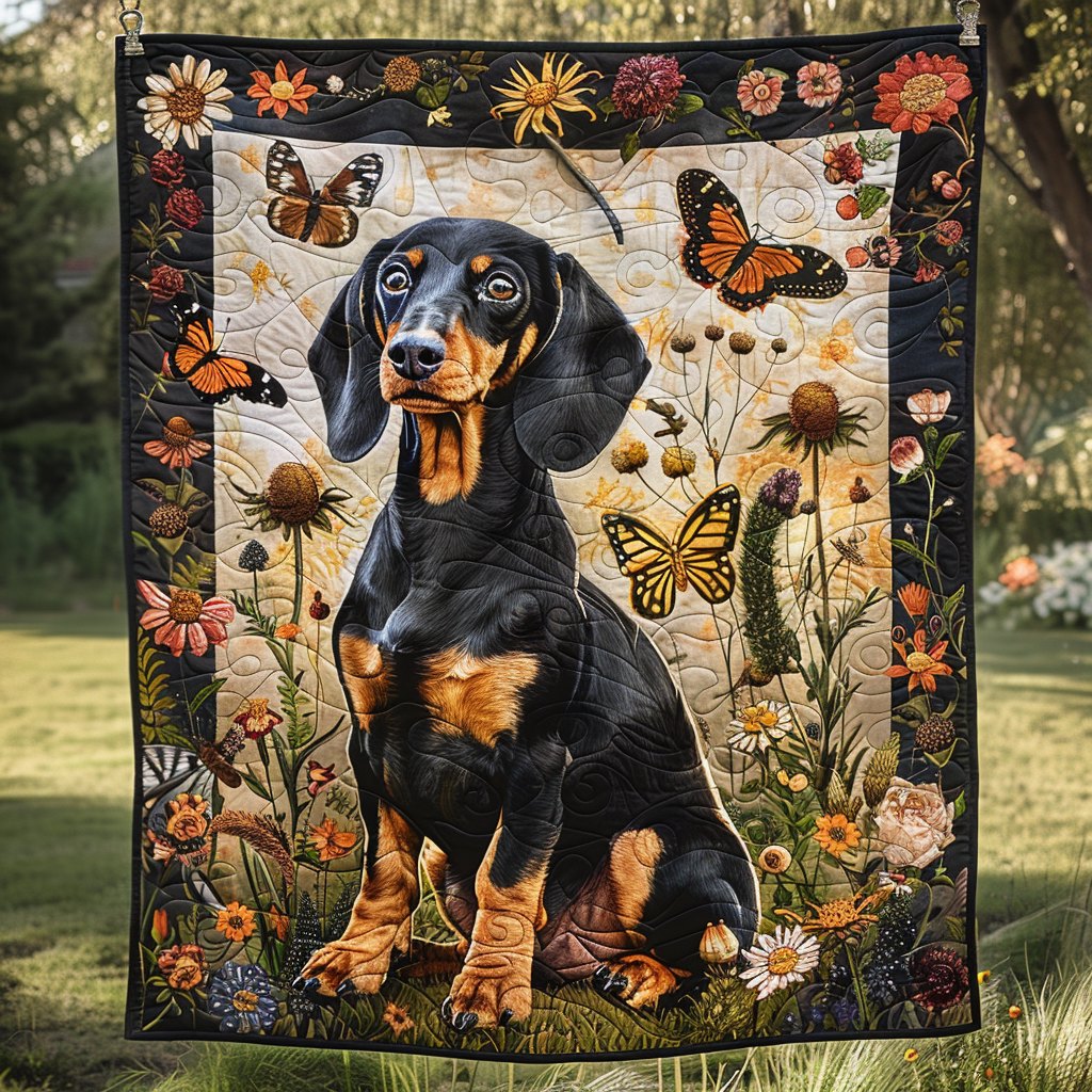 Black and Gold Dachshund Quilted Blanket printed blanket