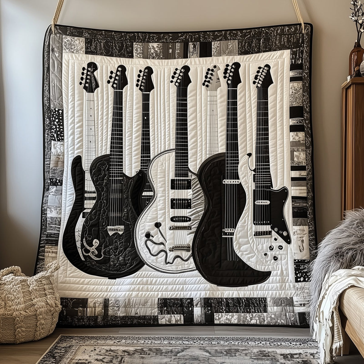 Black And White Guitar Quilted Blanket printed blanket