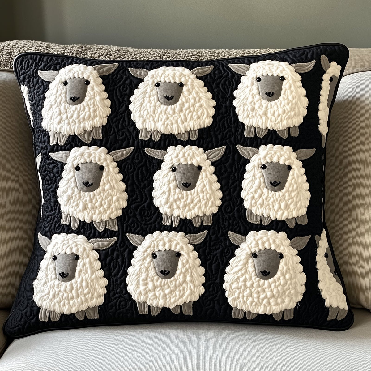 Black and White Sheep Quilted Cushion Cover printed cushion cover