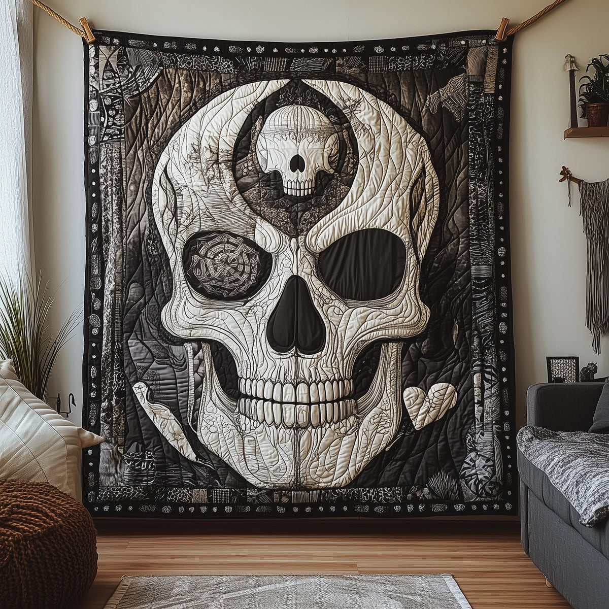 Black And White Skull Quilted Blanket printed blanket