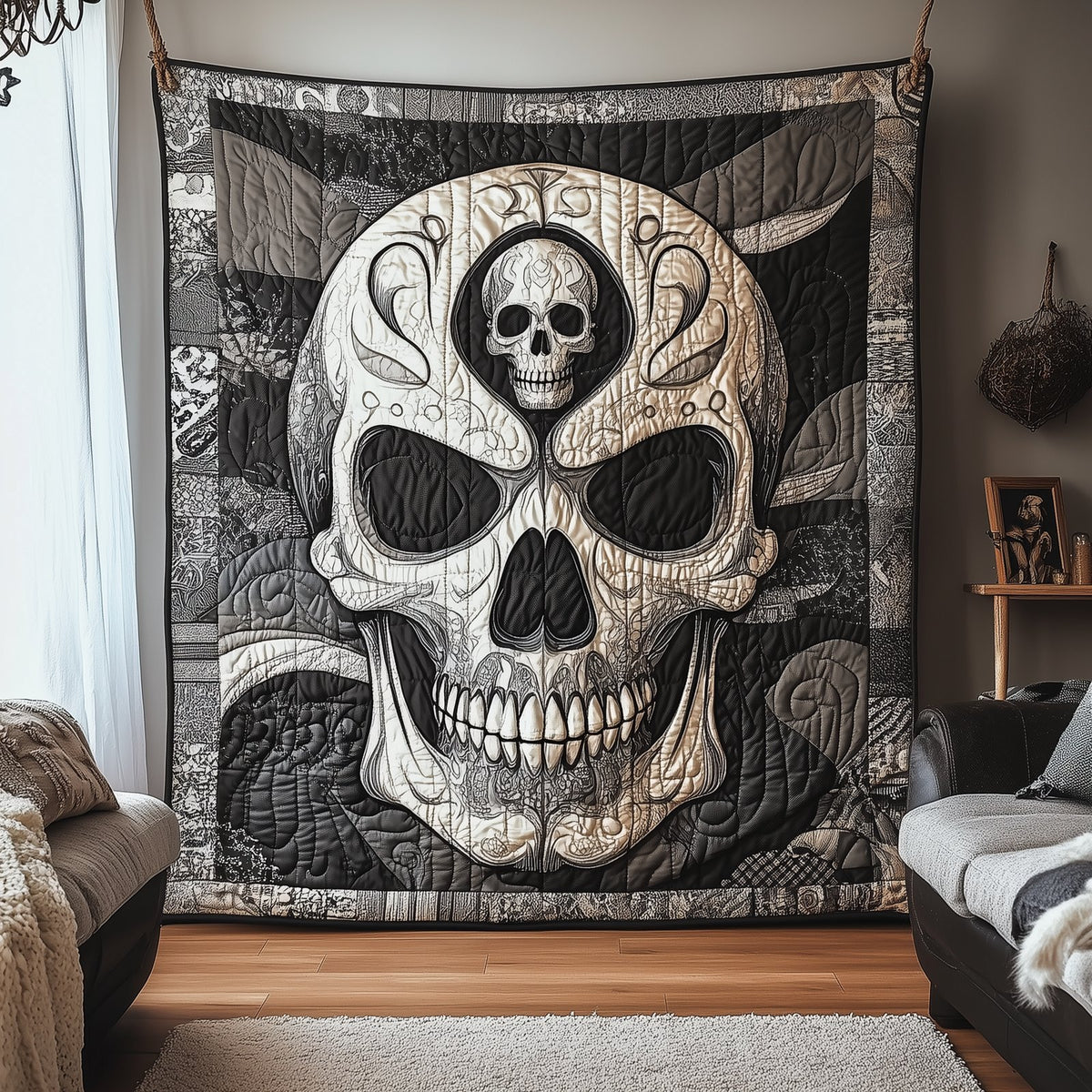 Black And White Skull Quilted Blanket printed blanket