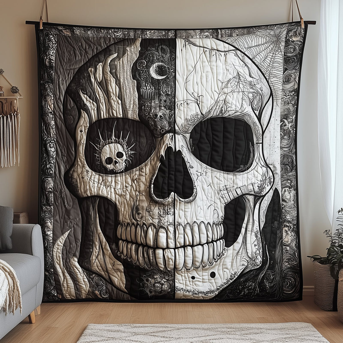 Black And White Skull Quilted Blanket printed blanket