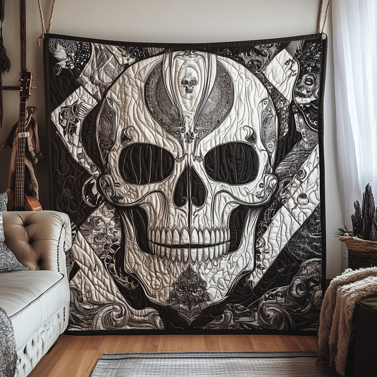 Black And White Skull Quilted Blanket printed blanket