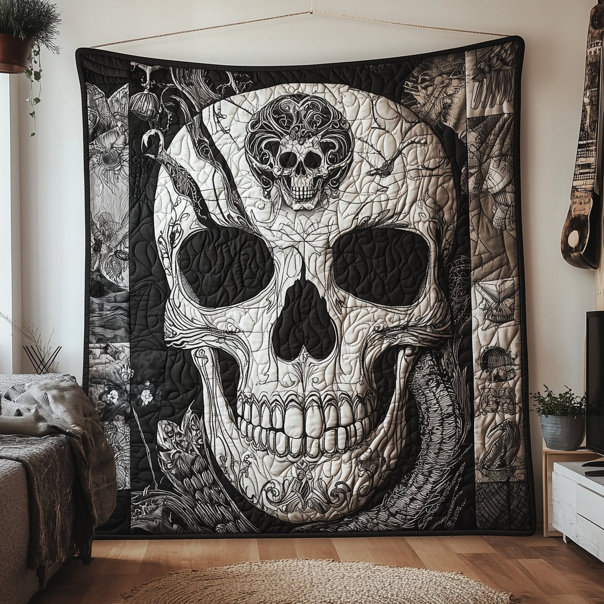 Black And White Skull Quilted Blanket printed blanket