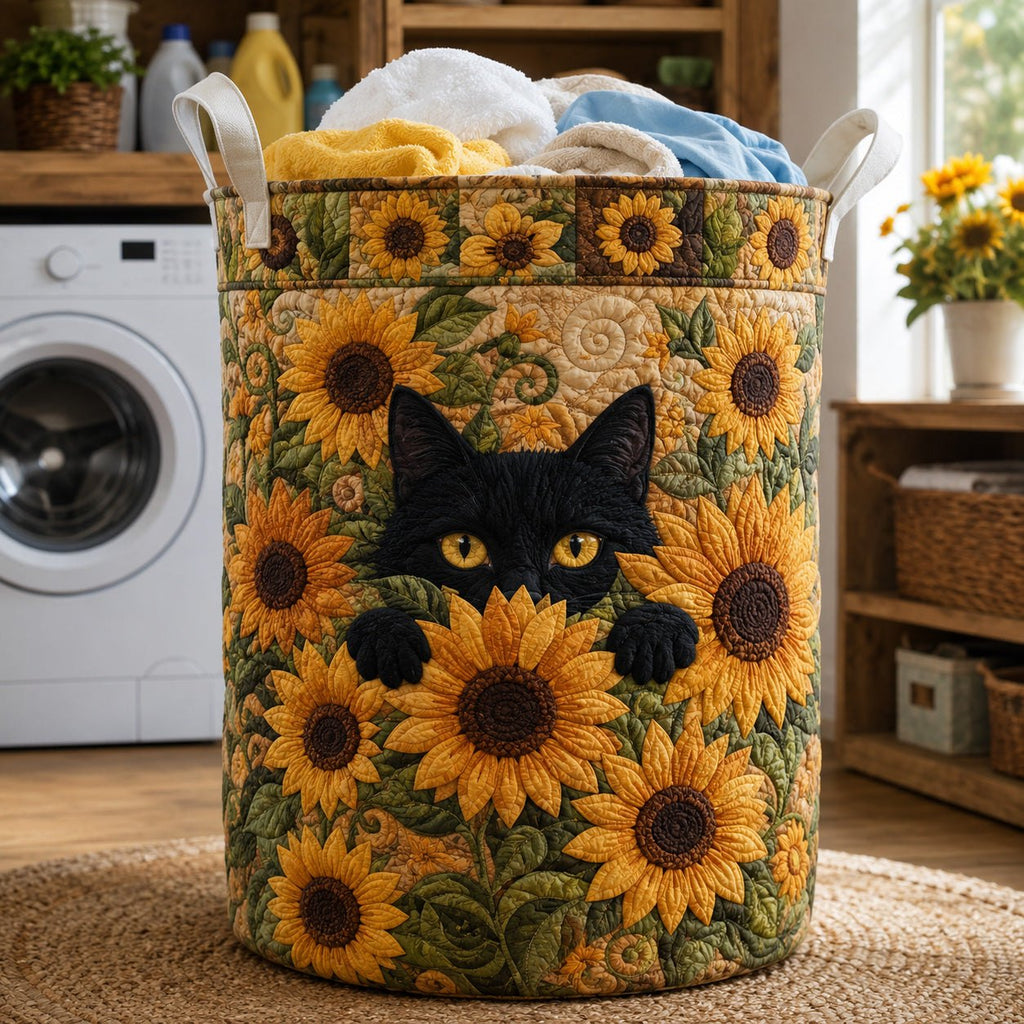Black Cat Among Tall Sunflowers printed laundry hamper