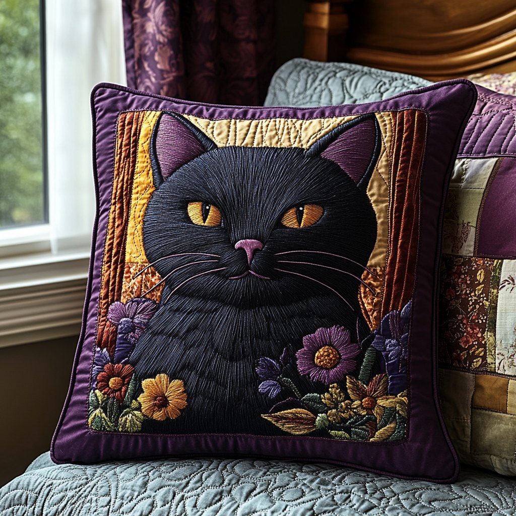Black Cat Charm Quilted Cushion Cover printed cushion cover