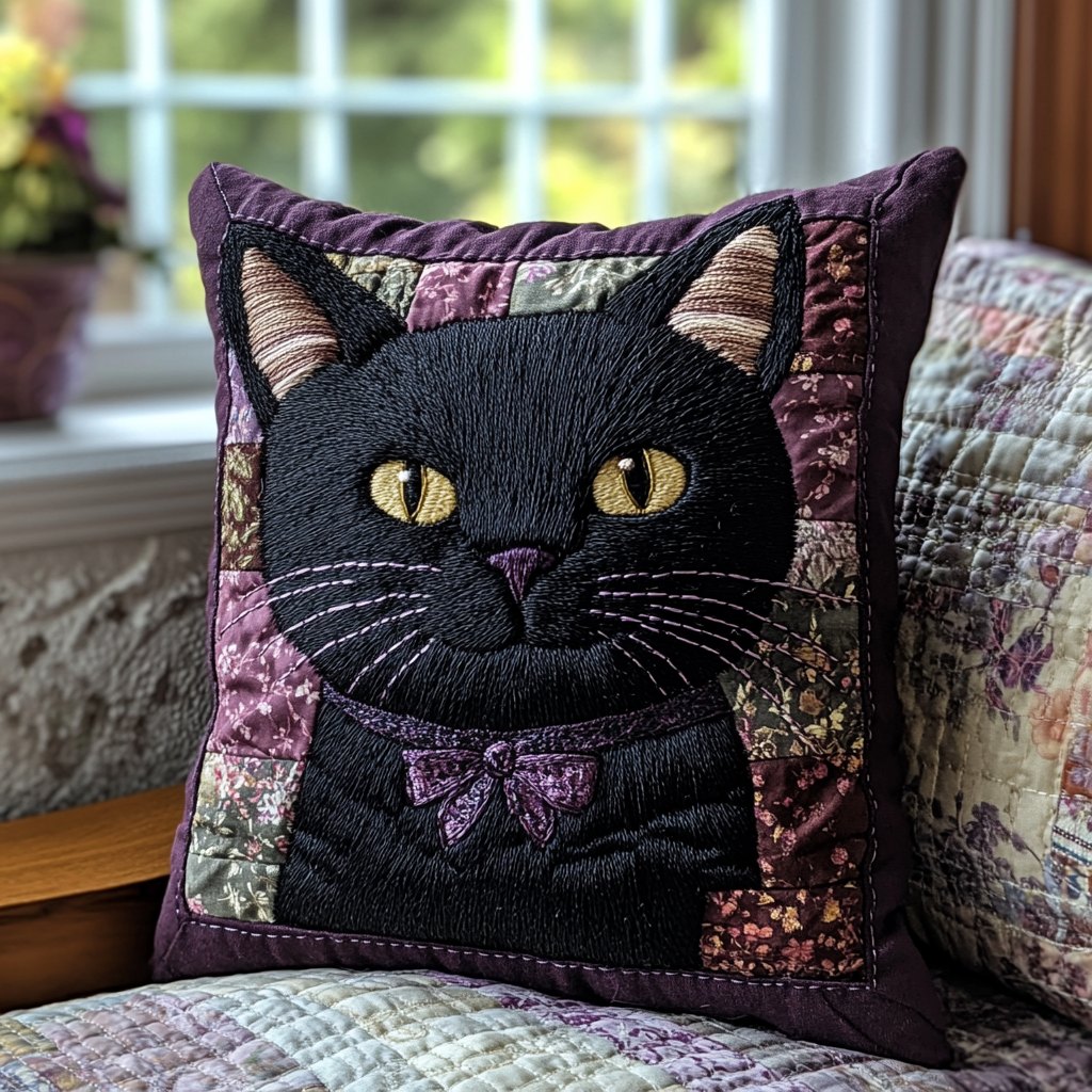 Black Cat Cottage Quilted Cushion Cover printed cushion cover