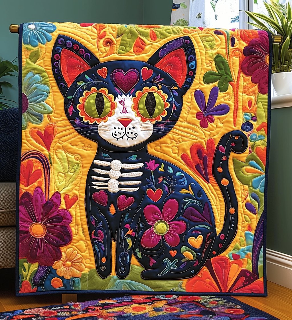 Black Cat Dia De Los Muertos Quilted Blanket printed blanket