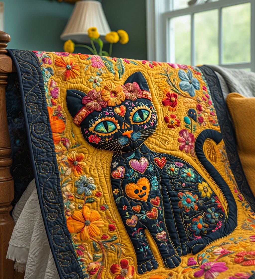 Black Cat Dia De Los Muertos Quilted Blanket printed blanket