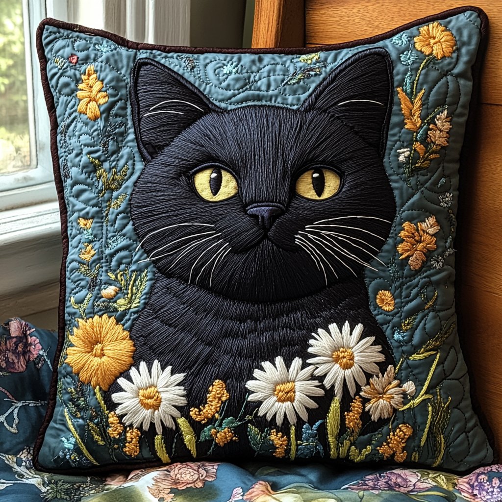 Black Cat Dreams Quilted Cushion Cover printed cushion cover