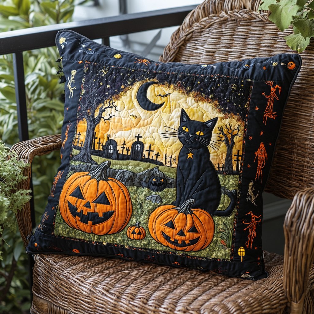 Black Cat Halloween Quilted Cushion Cover printed cushion cover