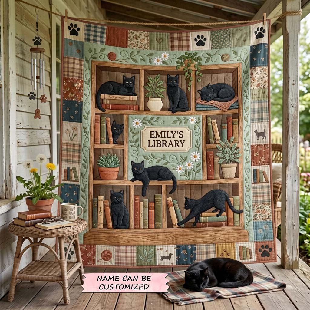 Black Cat Library Quilted Blanket QTCUZ printed blanket