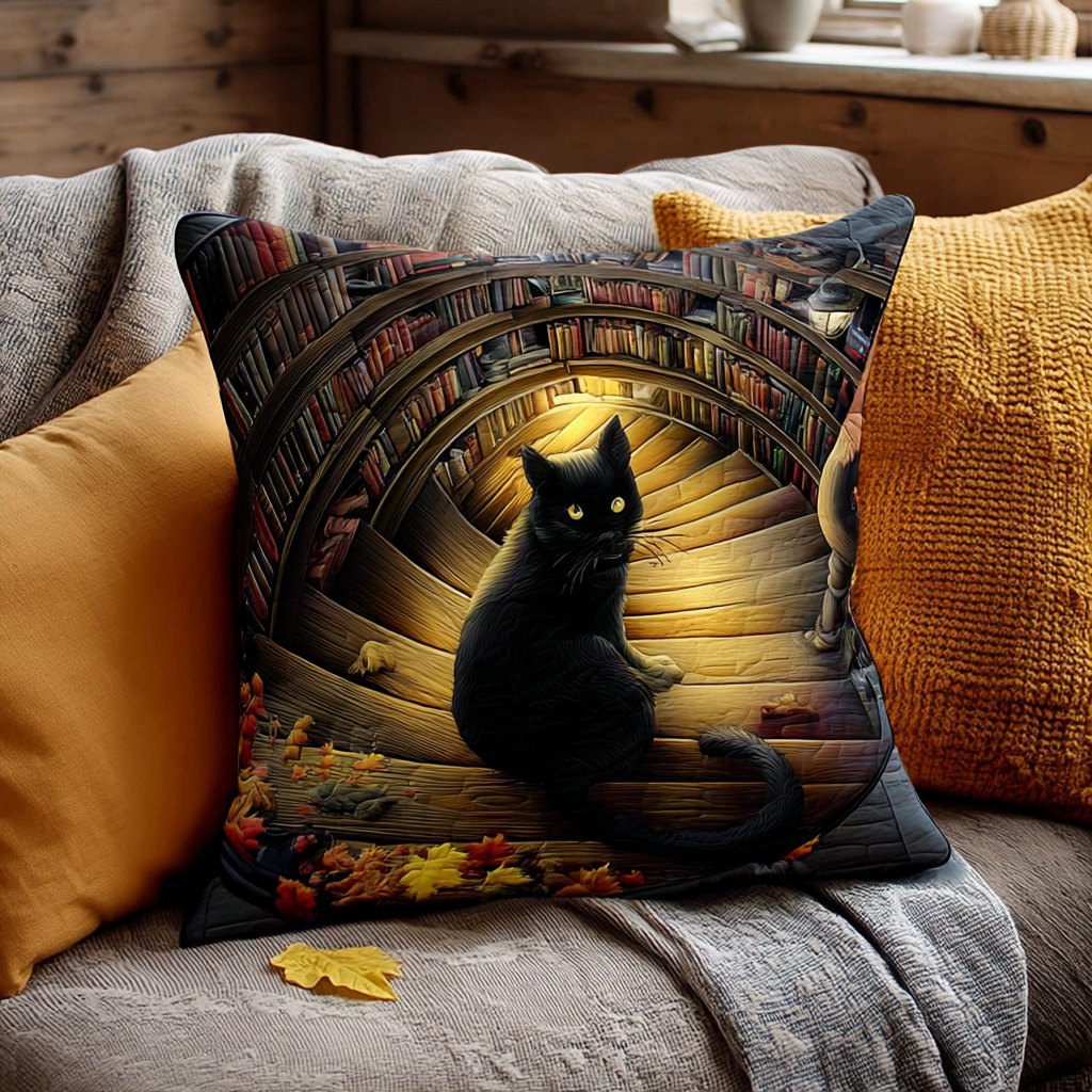Black Cat Library Quilted Cushion Cover printed cushion cover