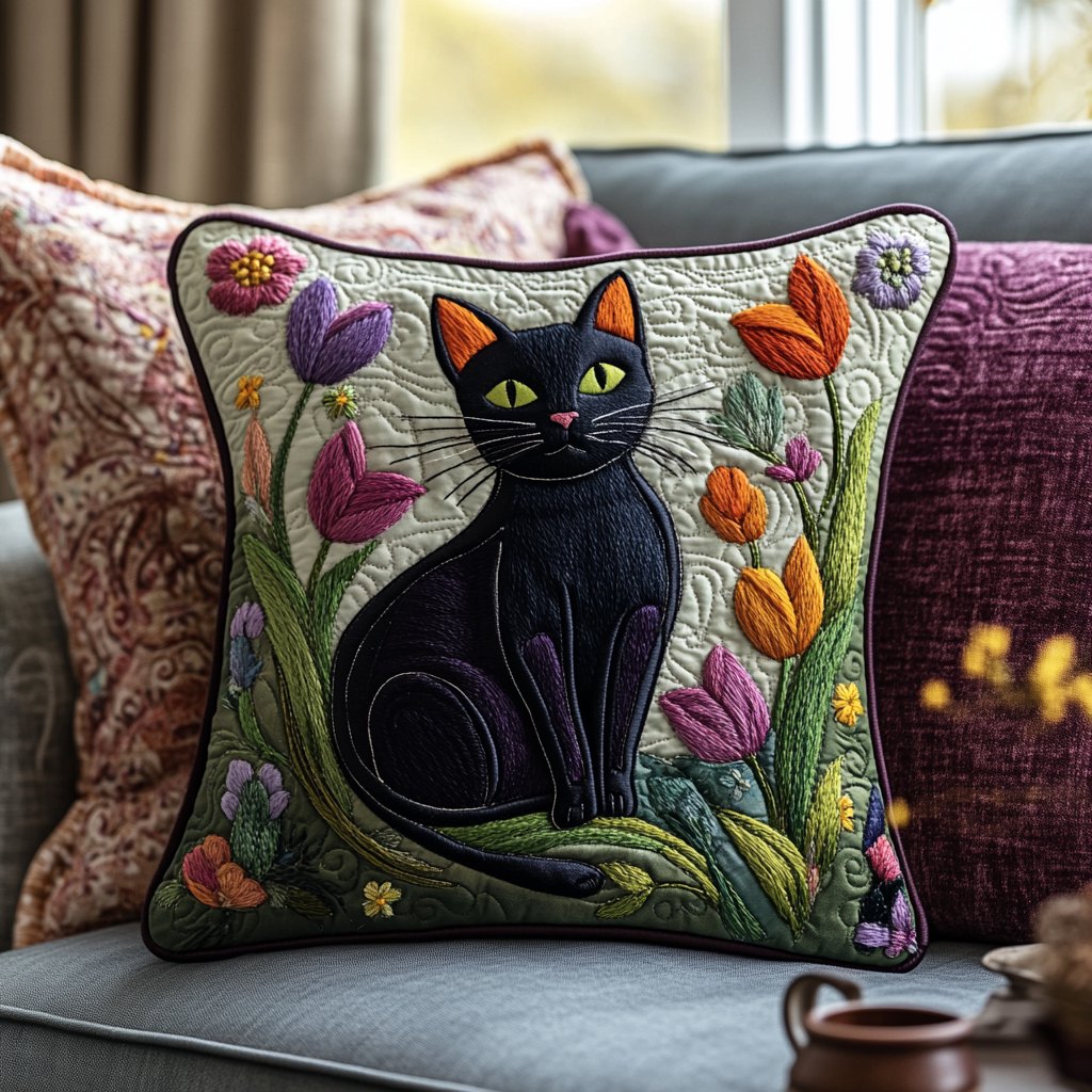 Black Cat Lilies Quilted Cushion Cover printed cushion cover