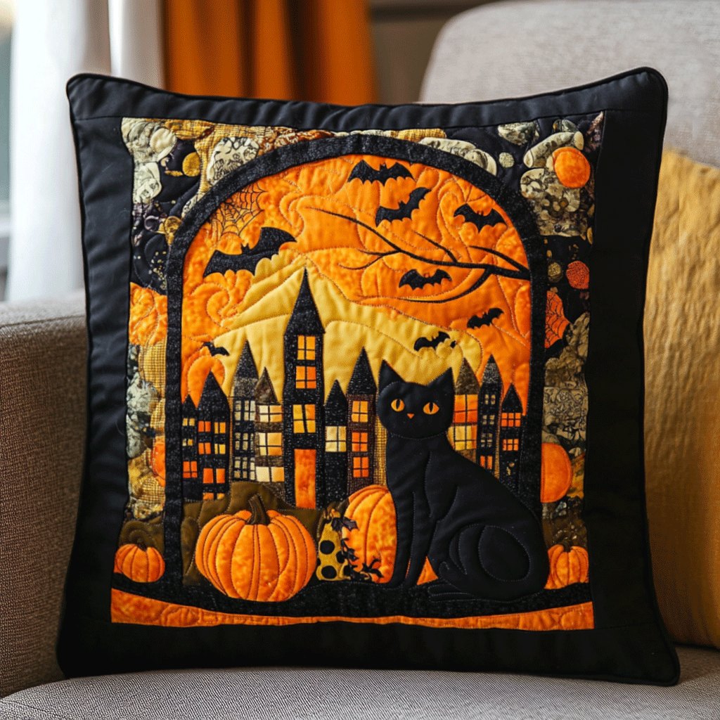 Black Cat Magic Halloween Quilted Cushion Cover printed cushion cover