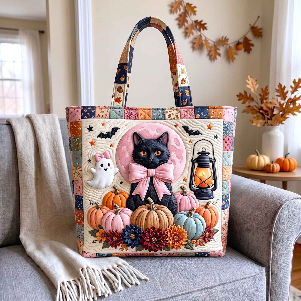 Black Cat Magic Quilted Tote Bag printed tote bag